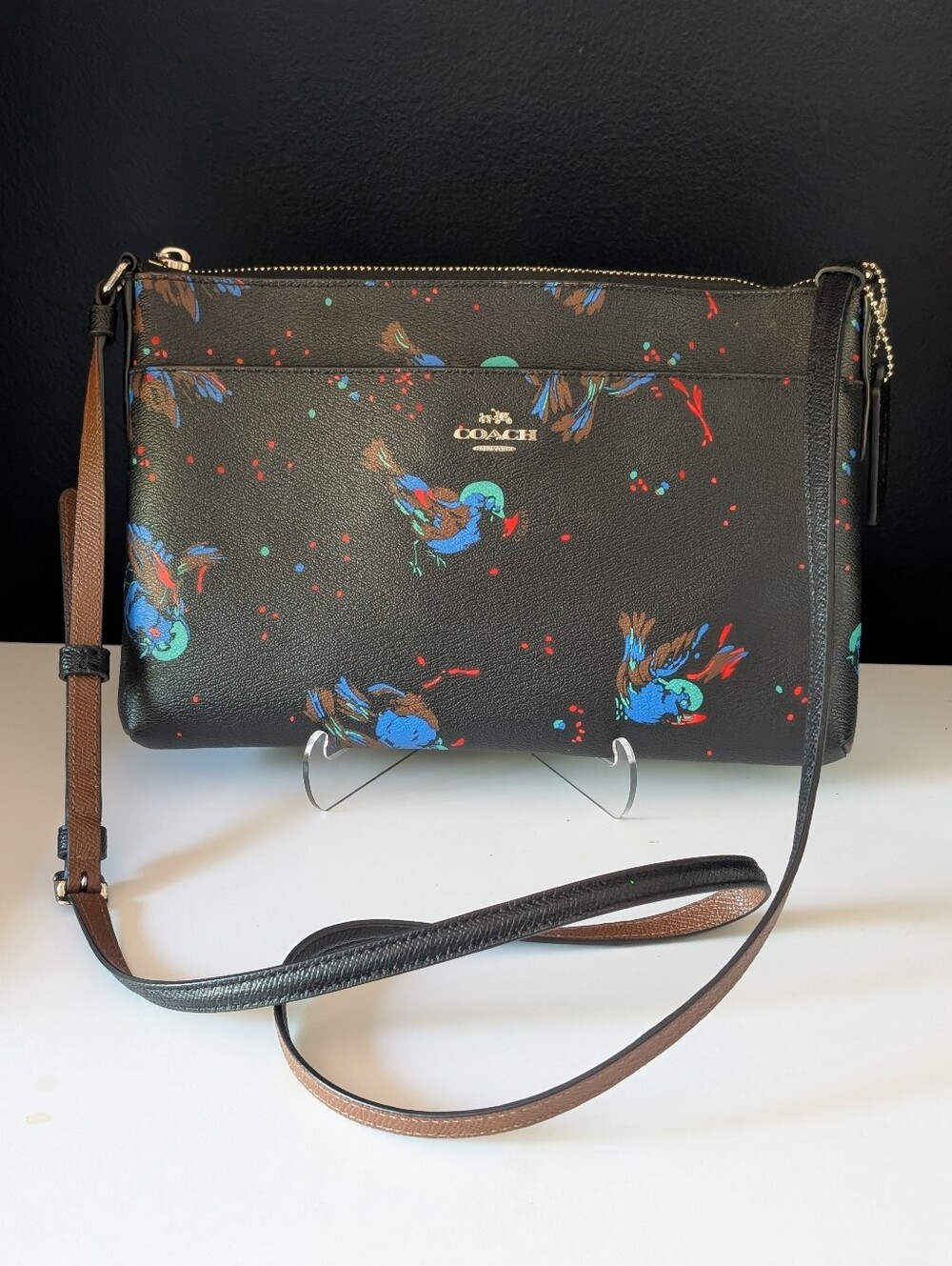Coach 1941 Collection Black Leather Crossbody and Pouch with Exotic Birds Motif